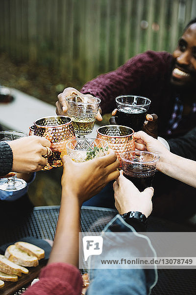 Cropped image of friends toasting drinks while sitting in backyard