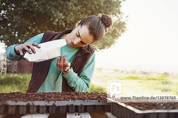 Frau schüttet bei der Gartenarbeit auf dem Feld Samen aus der Verpackung