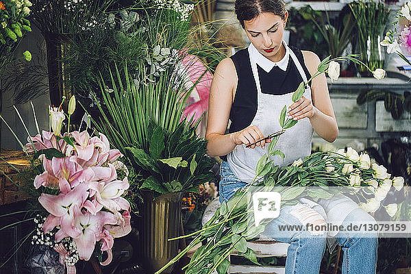 Florist cutting stems of roses in flower shop