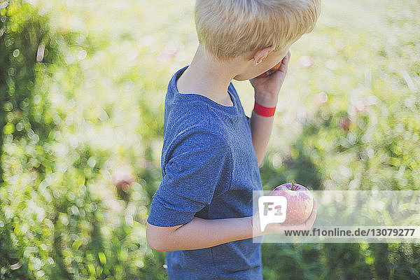Boy eating apple while standing on grassy field