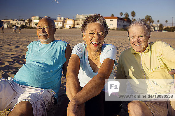 Cheerful friends talking while relaxing on sand