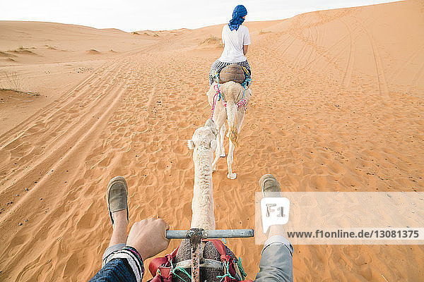 Freunde reiten auf Kamelen in der Wüste von Merzouga