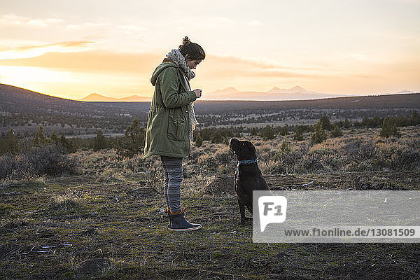 Side view of woman standing by dog on field against sky during sunset