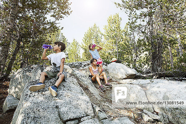 Low angle view of siblings sitting on rocks and drinking water against trees