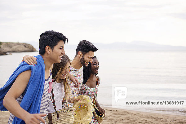 Cheerful friends walking on beach during vacation