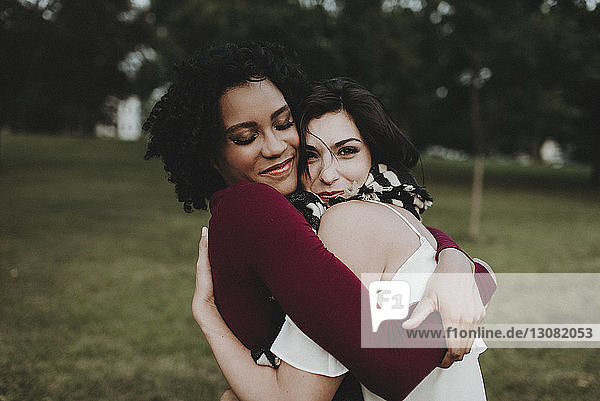 Weibliche Freunde umarmen sich im Park