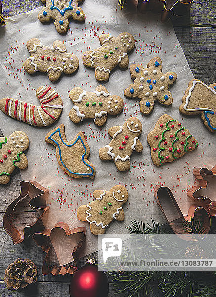 Close-up of decorated gingerbread cookies on table