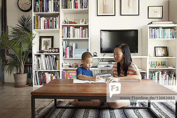 Mutter hilft dem Sohn bei den Hausaufgaben  während er zu Hause sitzt