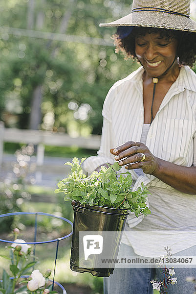 Glückliche reife Frau hält Topfpflanze im Garten