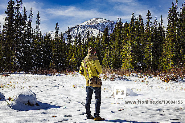 Rückansicht eines Mannes  der auf einem schneebedeckten Feld vor Bäumen steht