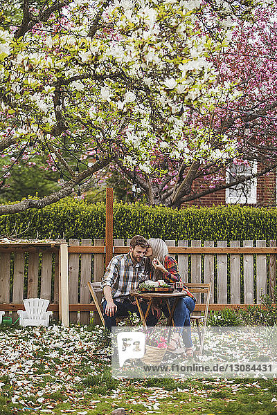 Woman kissing man while sitting at table in backyard
