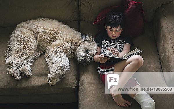 High angle view of boy with fractured leg reading book while lying by dog on sofa at home