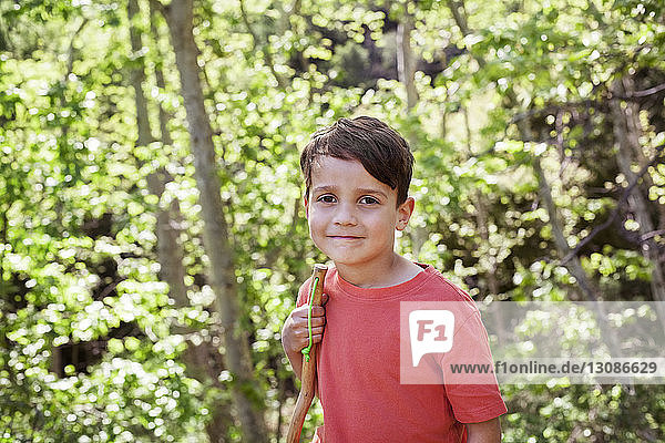 Porträt eines süßen Jungen mit Stock in der Hand im Wald