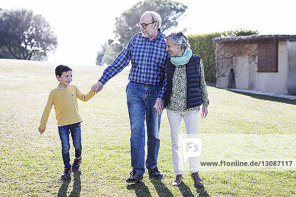 Glückliche Großeltern mit Enkel auf dem Feld