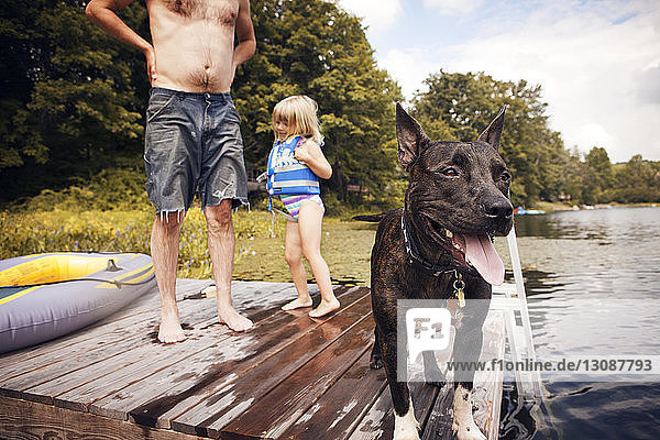 Grossvater und Enkelin mit Hund am Pier stehend