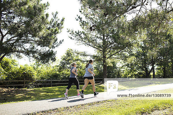 Mutter und Tochter joggen bei Sonnenschein in voller Länge auf einem Fußweg im Park