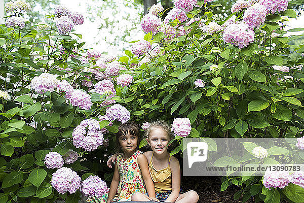 Porträt von lächelnden Schwestern  die bei blühenden Pflanzen im Garten sitzen