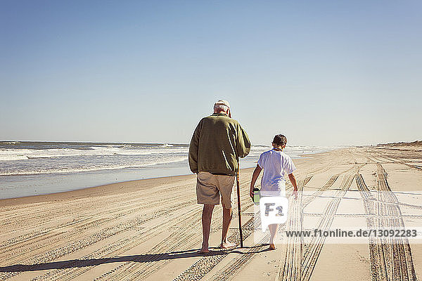 Rear view of grandfather and grandson walking on sand against clear sky