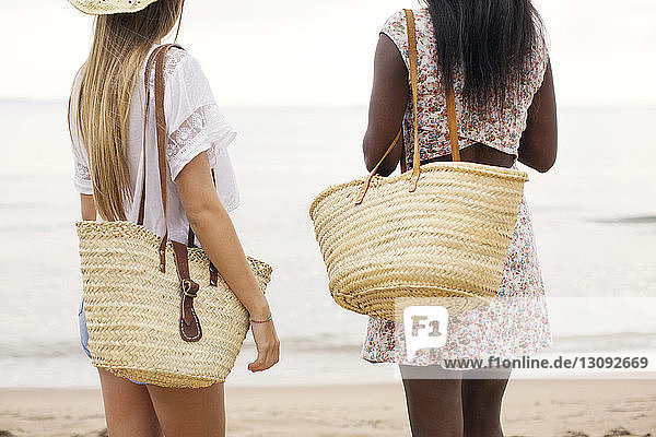 Rear view of female friends carrying straw bags while standing on shore at beach