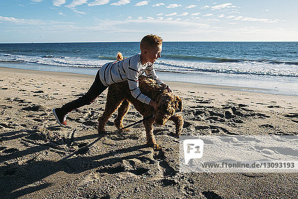 Boy playing with dog at beach