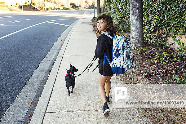 Rückansicht Porträt eines Mädchens beim Spaziergang mit Hund auf dem Bürgersteig