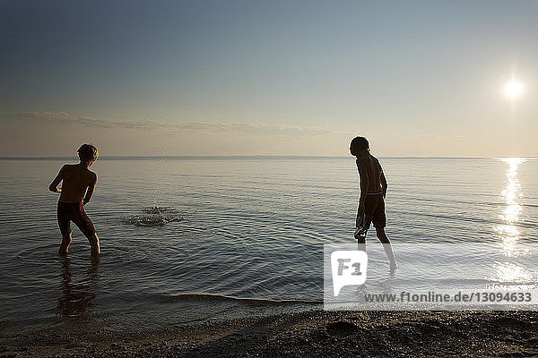 Rear view of boys playing on shore at beach during sunset