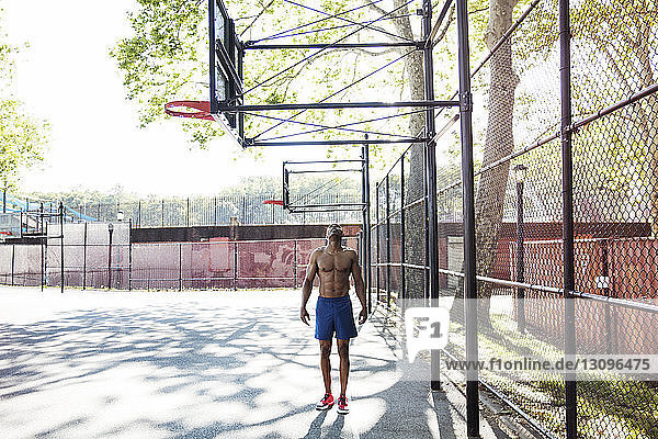 Man looking up while standing in basket ball court