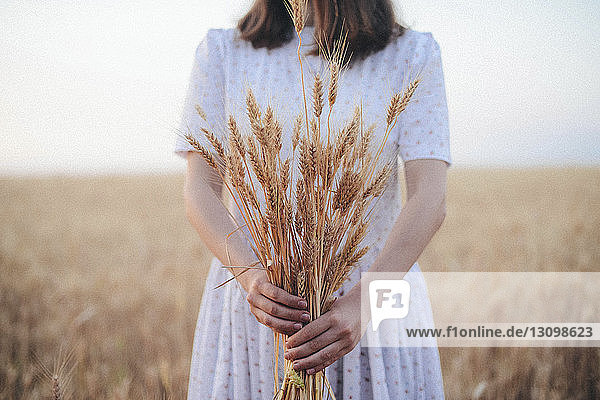 Mitschnitt einer Frau  die Weizenkulturen hält  während sie auf dem Bauernhof gegen den Himmel steht
