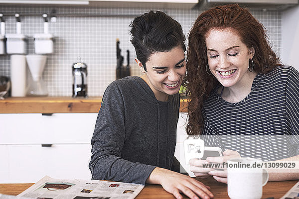 Happy lesbians using mobile phone while sitting at dining table