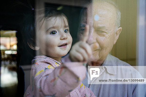 Nahaufnahme einer fröhlichen Enkelin  die das Fenster berührt  während sie vom Großvater zu Hause getragen wird