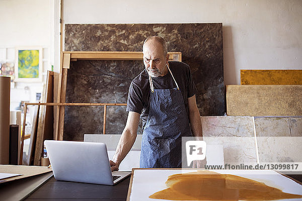 Senior artist using laptop computer by painting in workshop