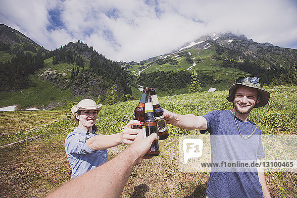 Glückliche Freunde stoßen auf dem Feld gegen Berge und bewölkten Himmel auf Bierflaschen an