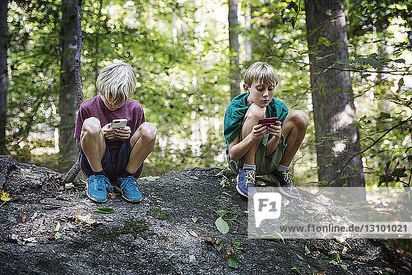 Boys playing video games on smart phones in forest
