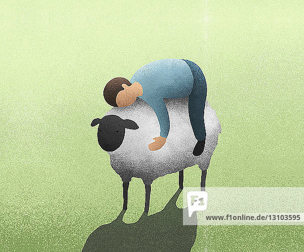 Mann liegt auf einem Lamm