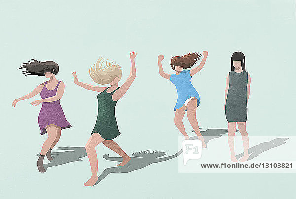 Schüchterne Frau beobachtet sorglose Frauen tanzen auf blauem Hintergrund