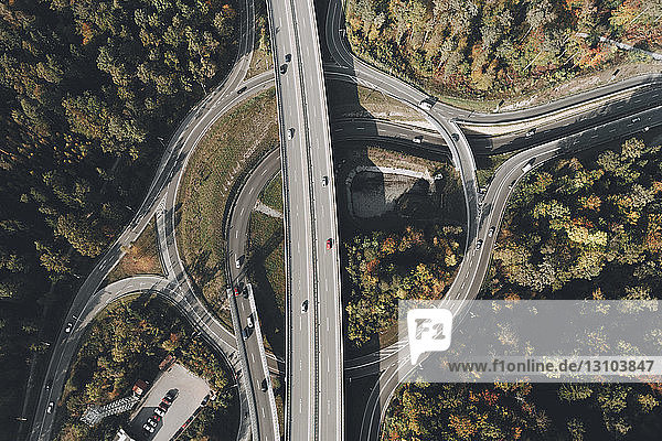 View from above intersecting freeways  Stuttgart  Baden-Wuerttemberg  Germany