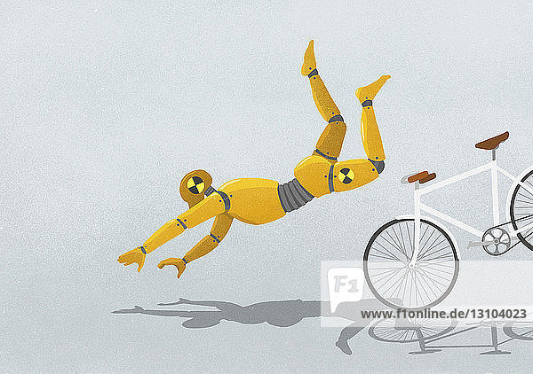 Crashtest-Dummy fliegt über Fahrrad