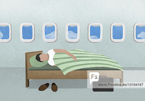 Mann schlafend auf Bett in Flugzeug