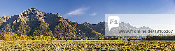 Panorama eines abgeernteten Farmfeldes unterhalb des Pioneer Peak und des Goat Mountain in den Herbstfarben  Süd-Zentral-Alaska; Palmer  Alaska  Vereinigte Staaten von Amerika