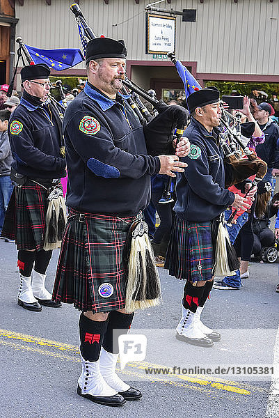Seattle firefighters drums and pipes  Alaska Day parade; Sitka  Alaska  United State of America