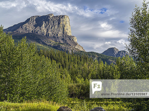 Schroffe kanadische Rocky Mountains mit einem Wald im Tal; Alberta  Kanada
