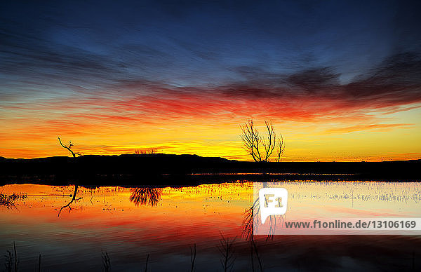 Dramatischer Sonnenaufgang über Wasser  Bosque Del Apache Wildlife Refuge; New Mexico  Vereinigte Staaten von Amerika