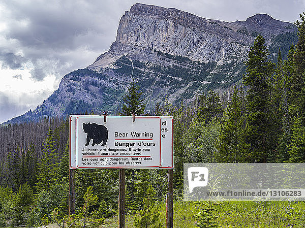 Bärenwarnschild in den kanadischen Rocky Mountains; Alberta  Kanada