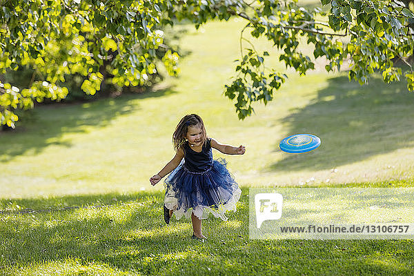 A young girl in a party dress chasing a disc toy that was thrown to her in a park on warm fall afternoon during a family outing; Edmonton  Alberta  Canada