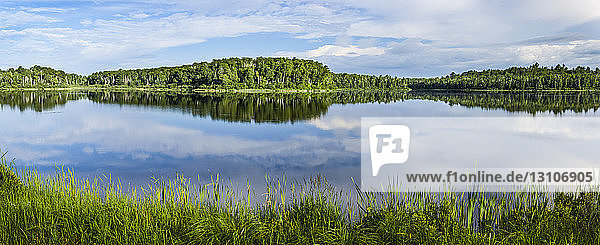 Reflektionen von Himmel und Bäumen auf einem ruhigen See; Ontario  Kanada