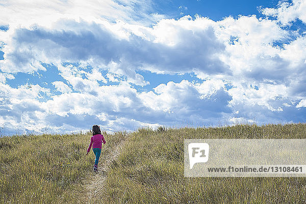 Rear view of girl walking on grassy field against cloudy sky