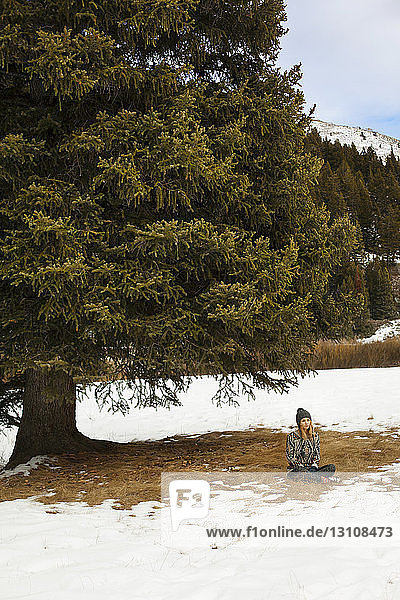 Frau sitzt auf Schneefeld unter Baum