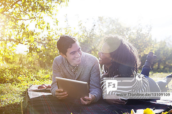 Fröhliches Paar  das einen Tablet-Computer benutzt und sich auf einer Decke im Obstgarten entspannt