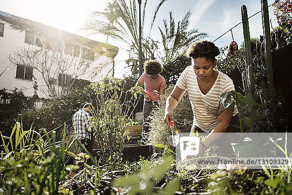 Woman working with friends in community garden