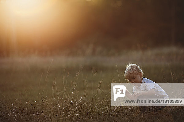 Boy holding grass while crouching on field